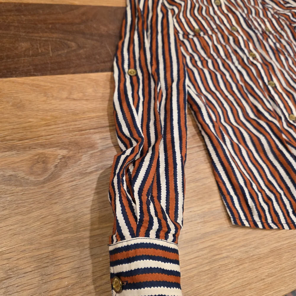 Tory Burch Button Down Dress Shirt Long Sleeve Stripe Blue Cream Orange Size 6 - Picture 5 of 11